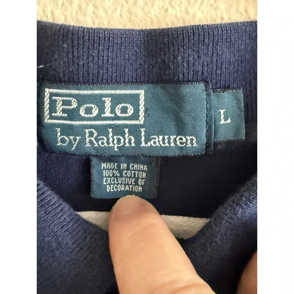 Polo Ralph Lauren Mens Large Navy White Striped Short Sleeve Pique Polo Shirt